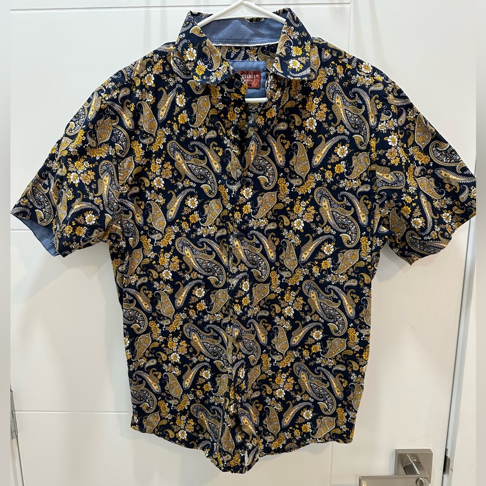 CONSEQUENCE Navy Blue and Yellow Print Button-Up Shirt